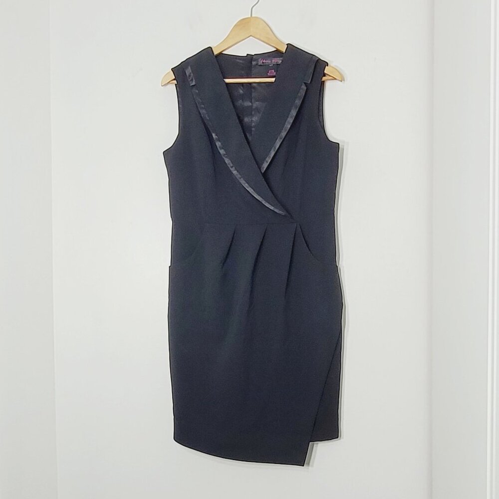 Elena Wang Classic Black Satin V-Neck Trim Pockets Sleeveless Faux Wrap Dress S